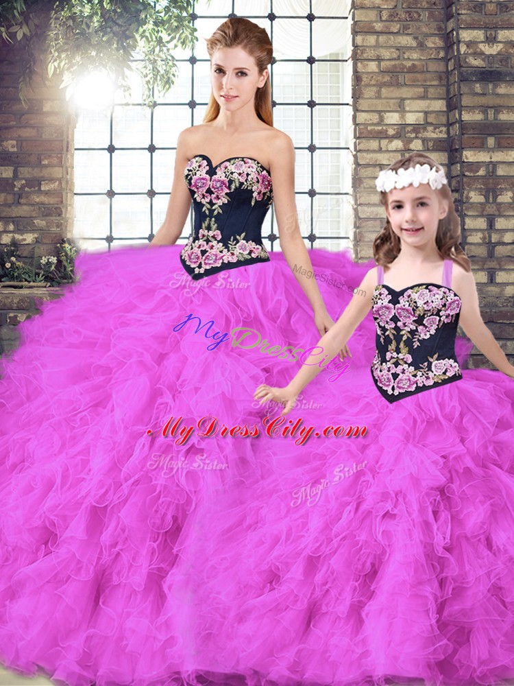 Beading and Embroidery Quinceanera Gowns Fuchsia Lace Up Sleeveless Floor Length