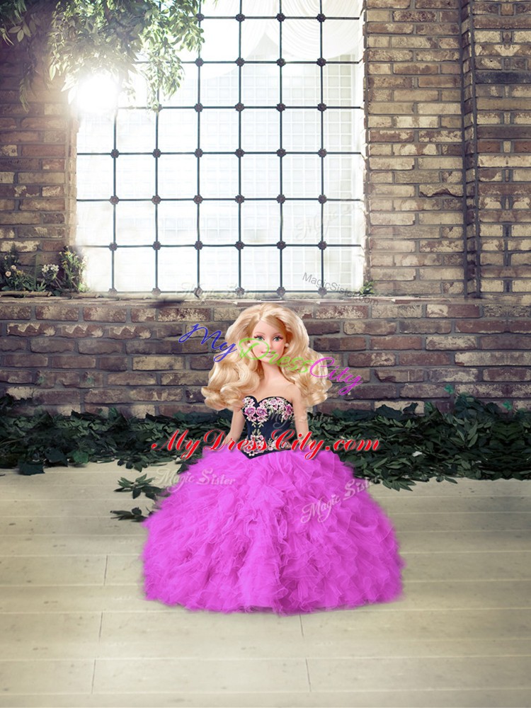 Beading and Embroidery Quinceanera Gowns Fuchsia Lace Up Sleeveless Floor Length