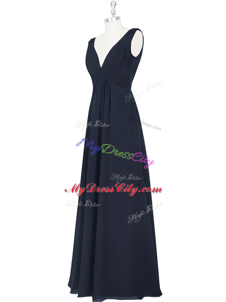 Black Sleeveless Floor Length Ruching Backless Evening Dress