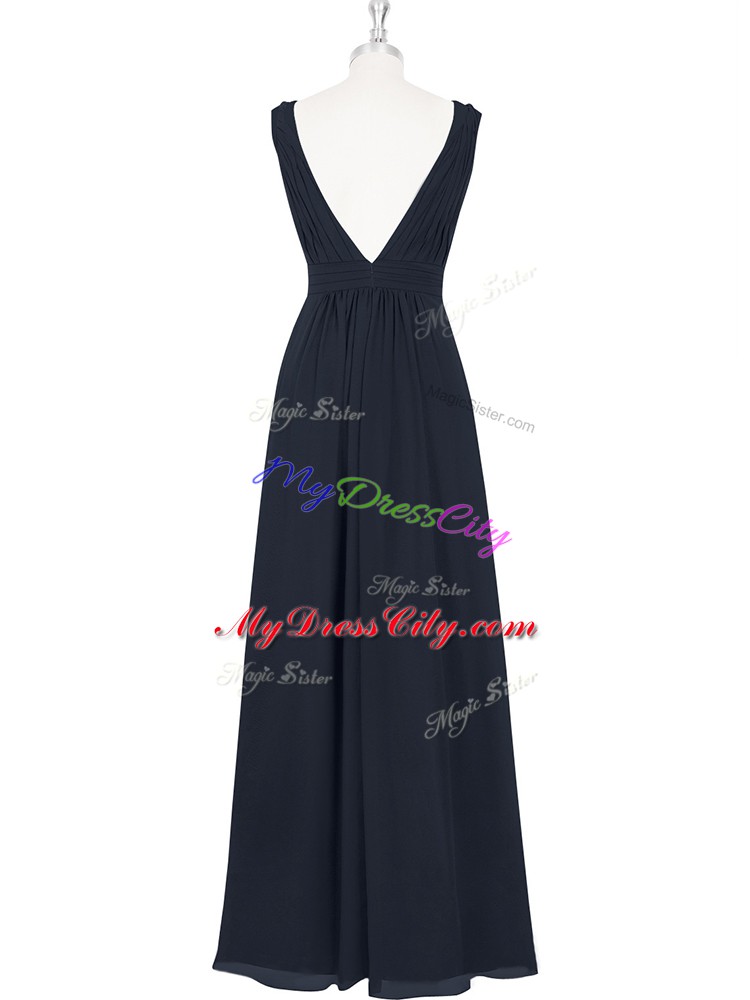 Black Sleeveless Floor Length Ruching Backless Evening Dress