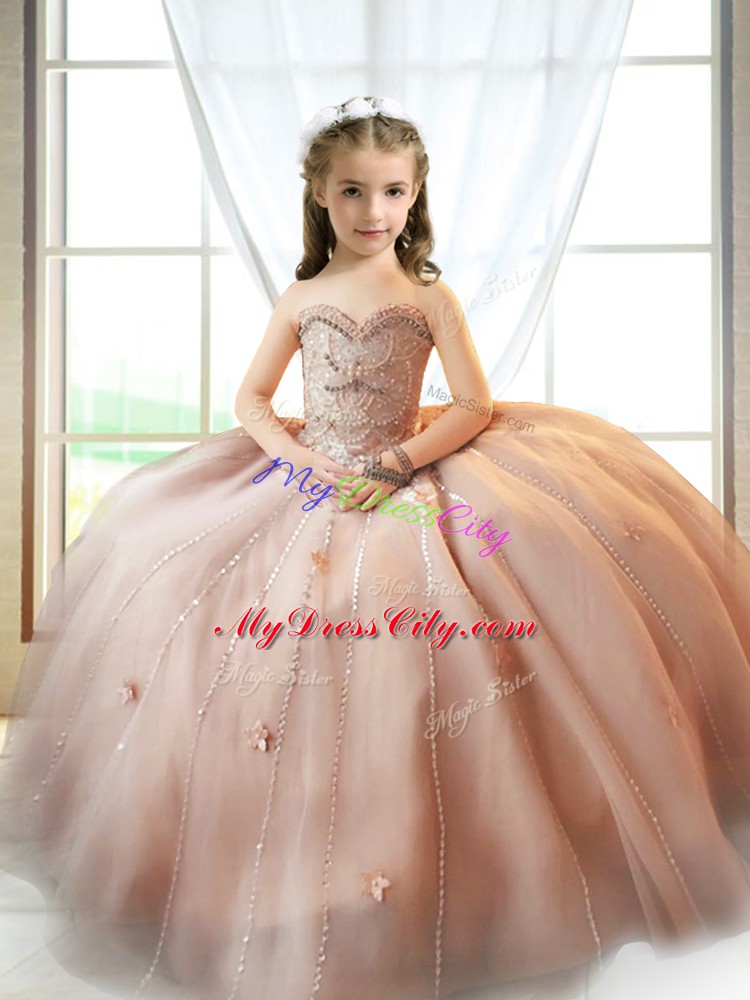 Custom Designed Sleeveless Lace Up Floor Length Beading and Appliques Little Girl Pageant Dress