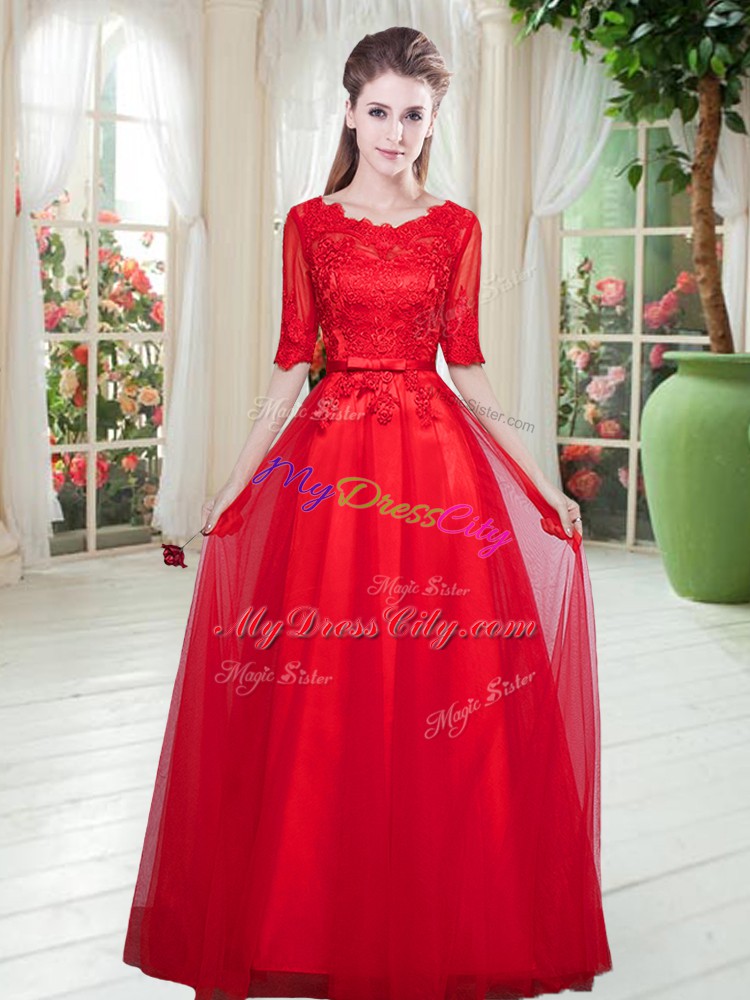 Clearance Tulle Half Sleeves Floor Length Dress for Prom and Lace