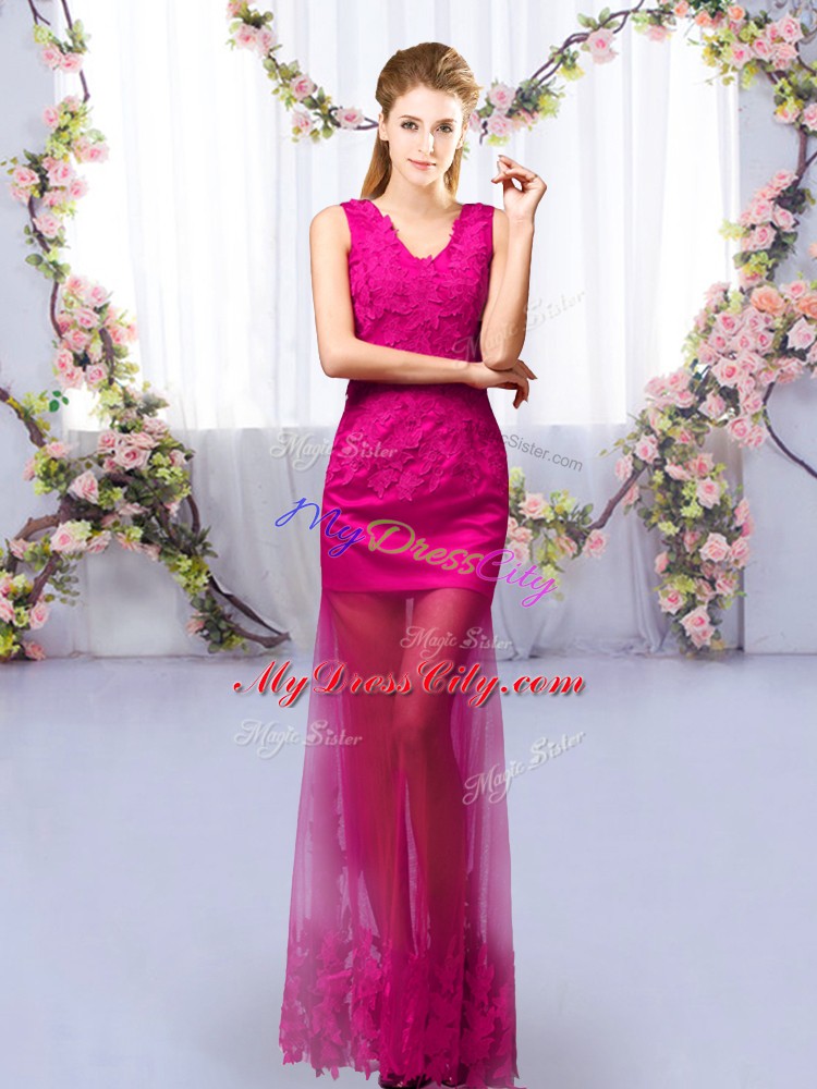 New Style Fuchsia Tulle Lace Up Bridesmaid Dress Sleeveless Floor Length Lace