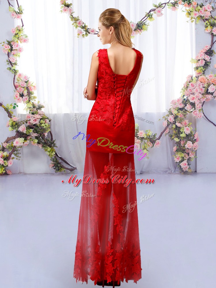 New Style Fuchsia Tulle Lace Up Bridesmaid Dress Sleeveless Floor Length Lace