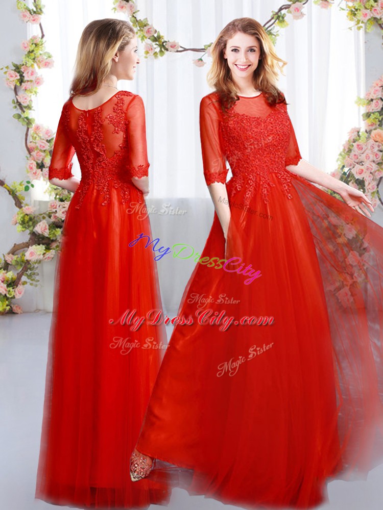 Discount Empire Dama Dress for Quinceanera Red Scoop Tulle Half Sleeves Floor Length Zipper