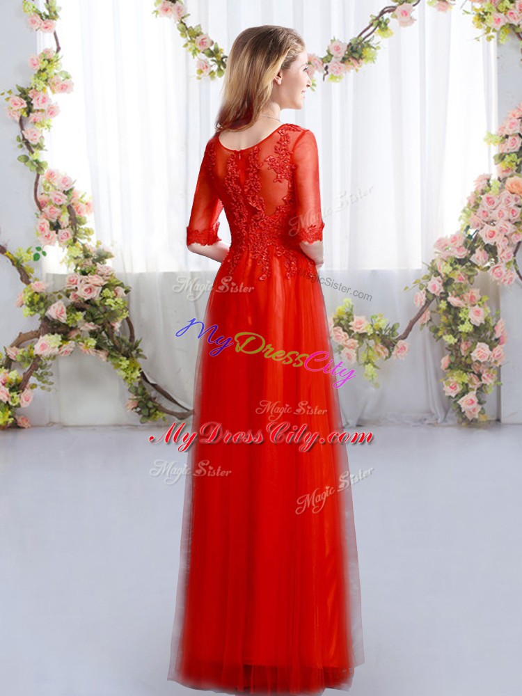 Discount Empire Dama Dress for Quinceanera Red Scoop Tulle Half Sleeves Floor Length Zipper