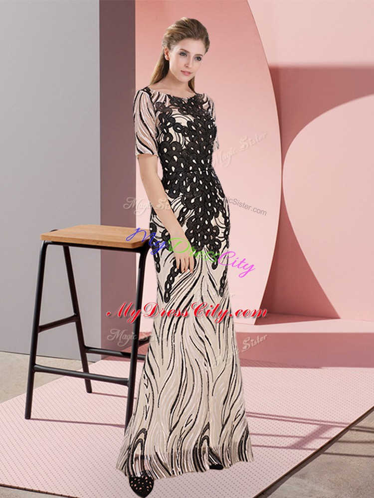 Fashion Black Zipper Scoop Sequins Prom Gown Half Sleeves