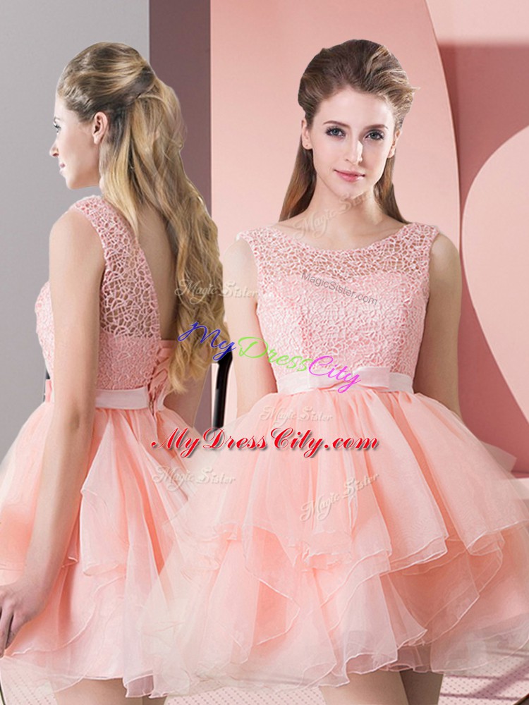 A-line Sleeveless Pink Prom Gown Lace Up