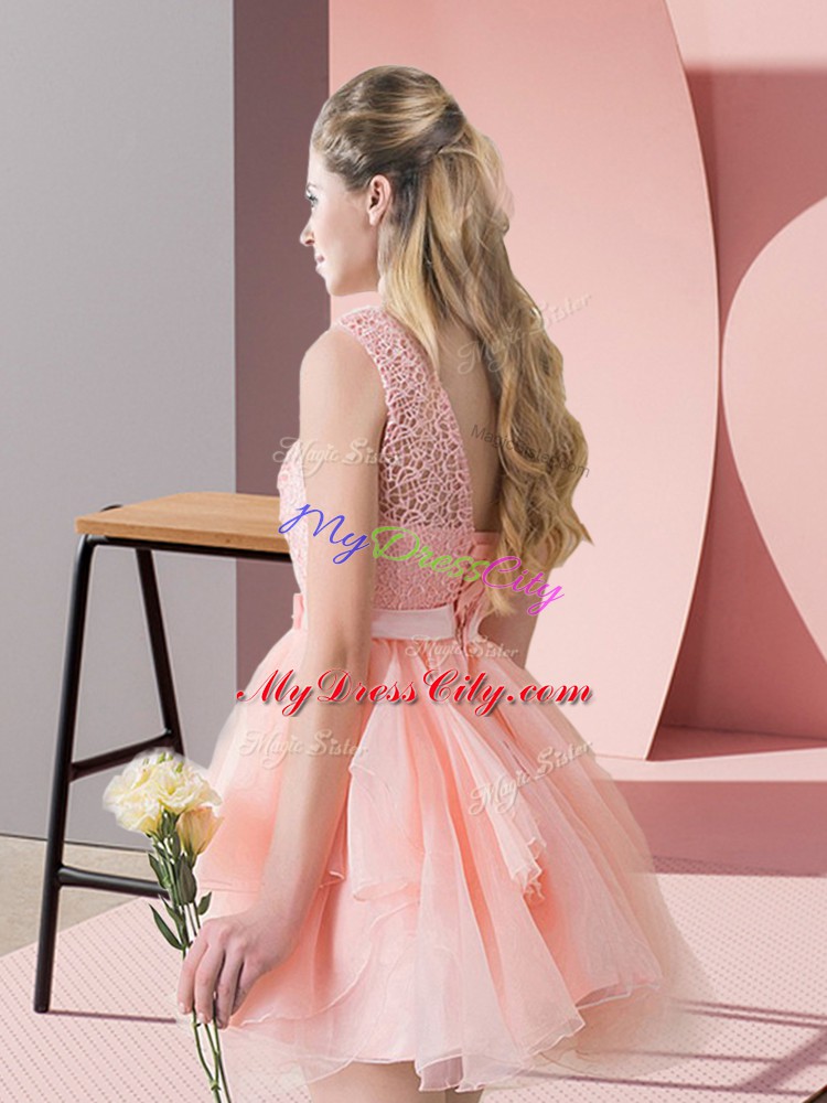 A-line Sleeveless Pink Prom Gown Lace Up