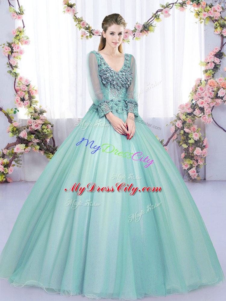 Shining Long Sleeves Tulle Floor Length Lace Up Sweet 16 Dress in Apple Green with Lace and Appliques