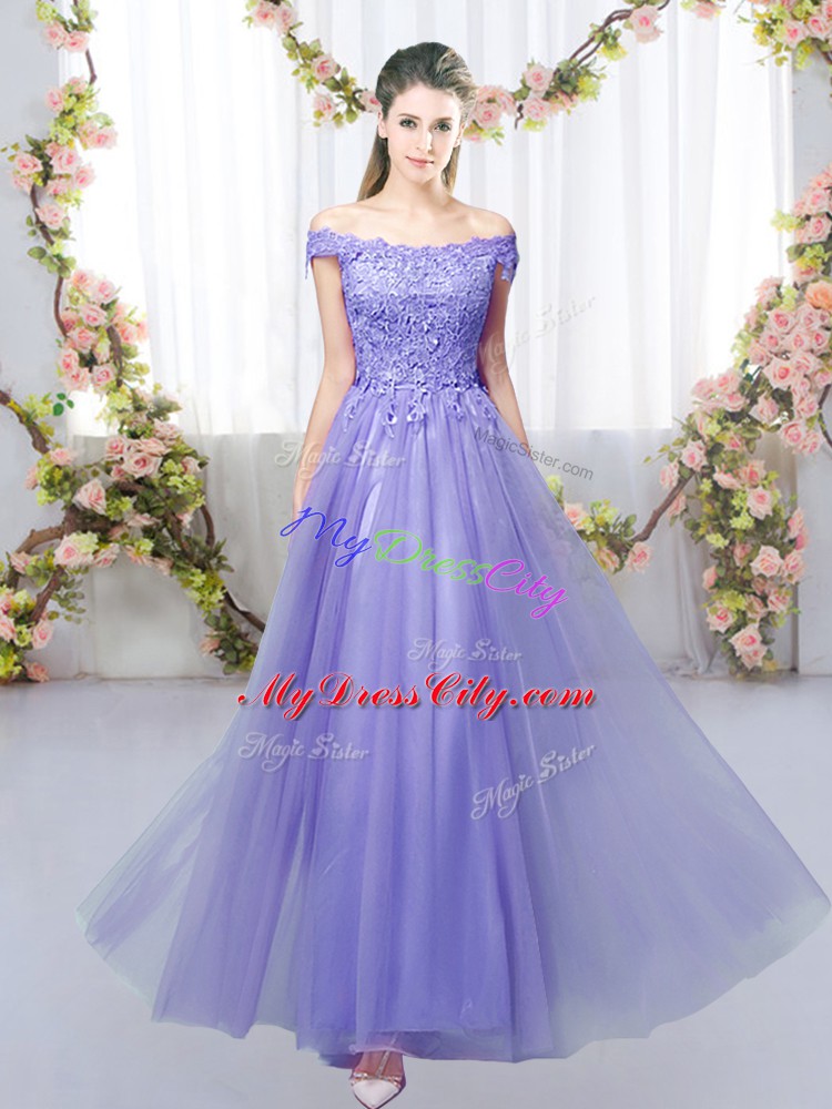 Tulle Sleeveless Floor Length Dama Dress for Quinceanera and Lace
