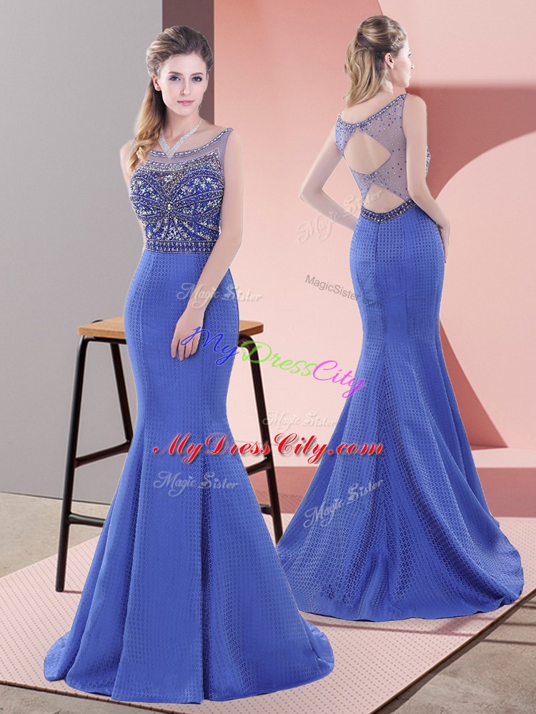 Captivating Sweep Train Mermaid Prom Evening Gown Blue Scoop Satin Sleeveless Lace Up
