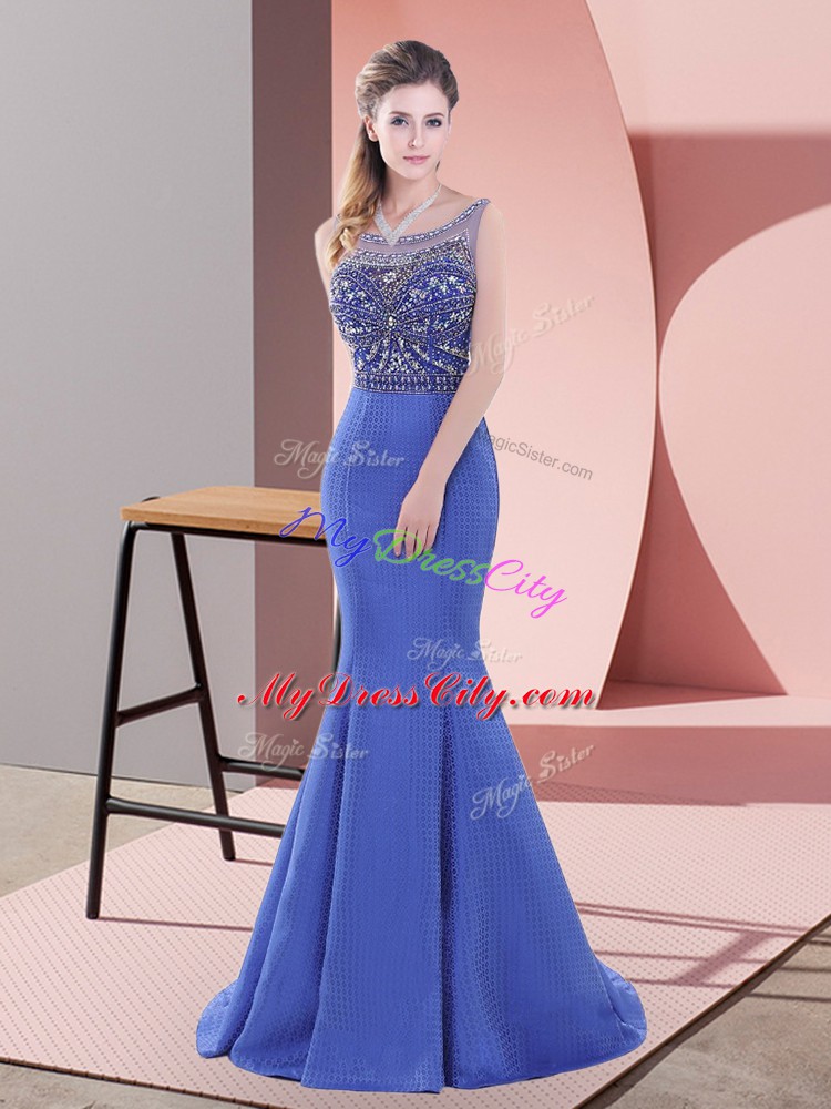 Captivating Sweep Train Mermaid Prom Evening Gown Blue Scoop Satin Sleeveless Lace Up