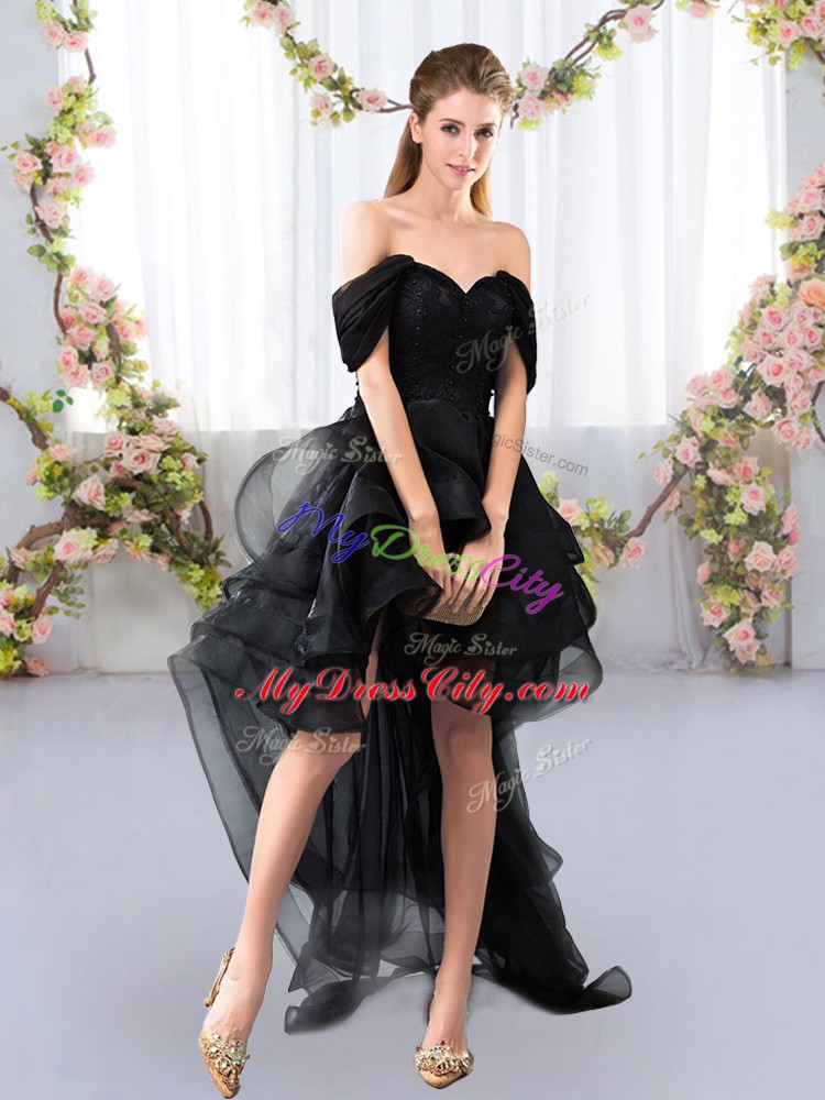Great Black A-line Lace and Ruffled Layers Wedding Guest Dresses Lace Up Tulle Short Sleeves High Low