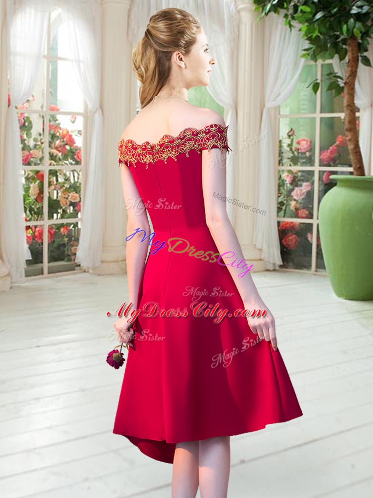 Flare Off The Shoulder Sleeveless Prom Evening Gown Asymmetrical Appliques Royal Blue Satin