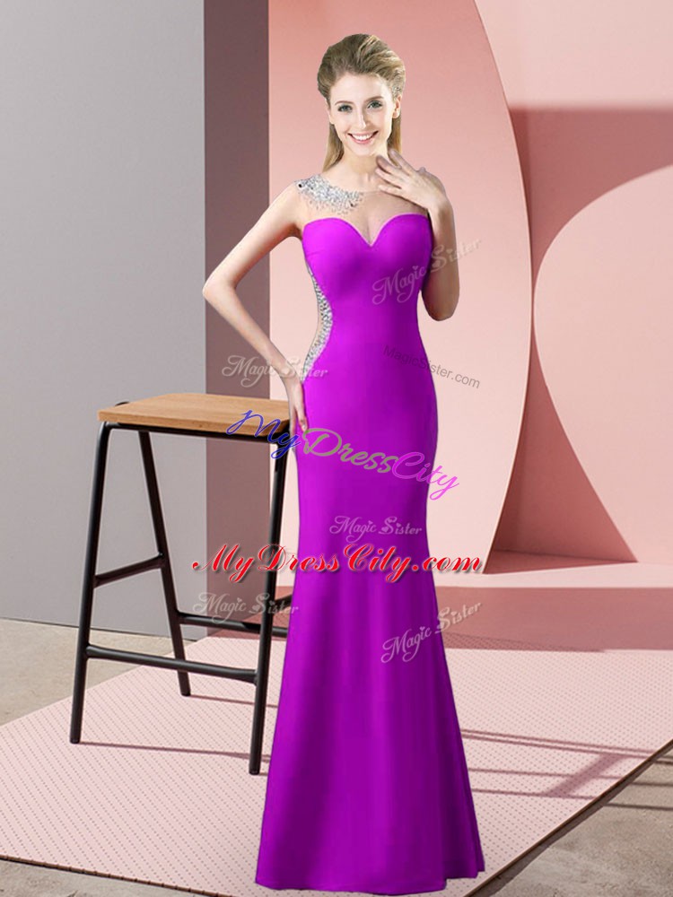 Floor Length Purple Dress for Prom Satin Sweep Train Sleeveless Beading and Pick Ups