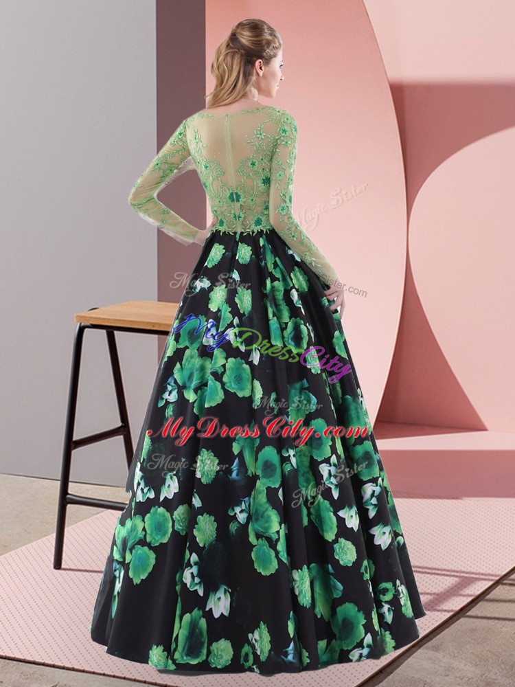 Hot Selling Sweep Train A-line Prom Party Dress Multi-color Scoop Printed Long Sleeves Lace Up