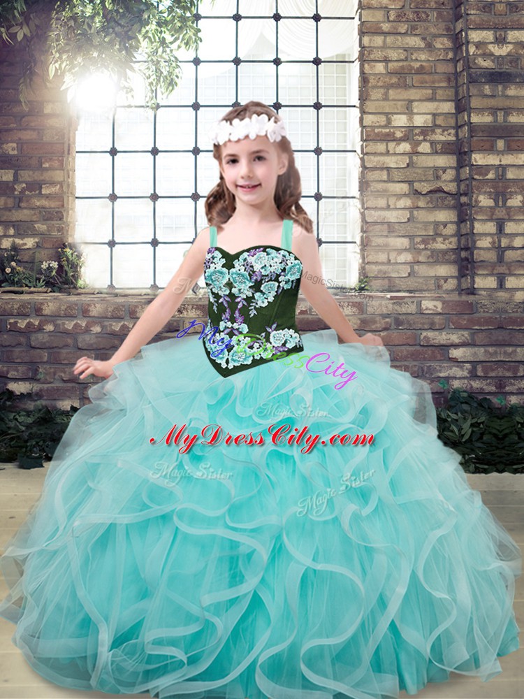 Ball Gowns Pageant Gowns Aqua Blue Straps Tulle Sleeveless Floor Length Lace Up