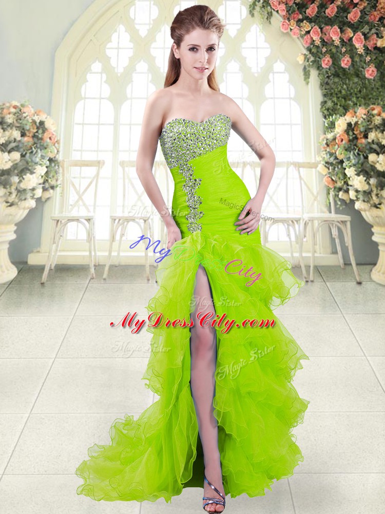Mermaid Organza Sweetheart Sleeveless Beading and Ruffled Layers Lace Up Prom Gown Brush Train