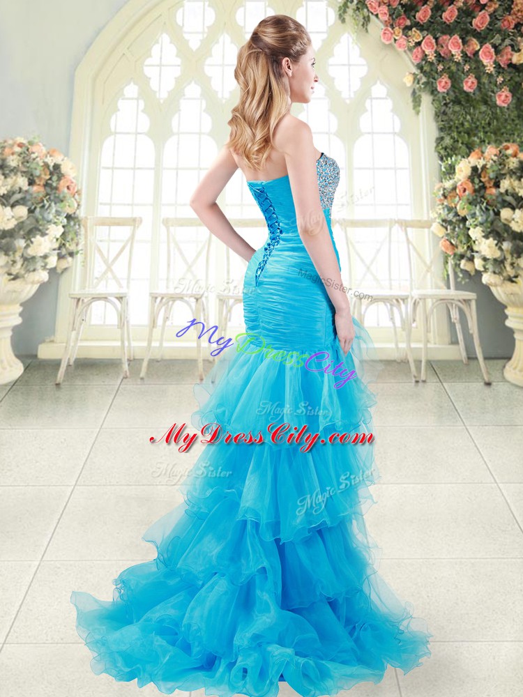 Mermaid Organza Sweetheart Sleeveless Beading and Ruffled Layers Lace Up Prom Gown Brush Train