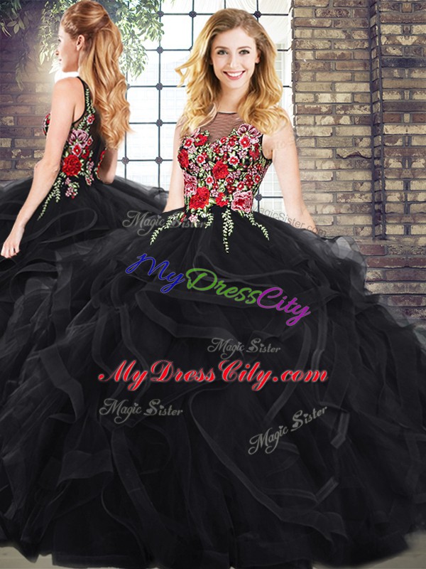 Black Ball Gowns Scoop Sleeveless Embroidery and Ruffles Floor Length Zipper Quinceanera Dress