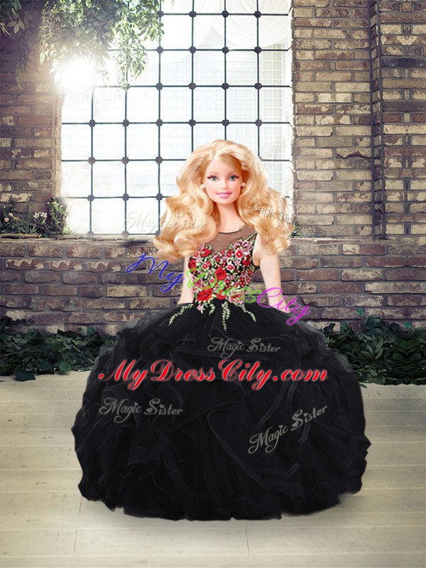 Black Ball Gowns Scoop Sleeveless Embroidery and Ruffles Floor Length Zipper Quinceanera Dress