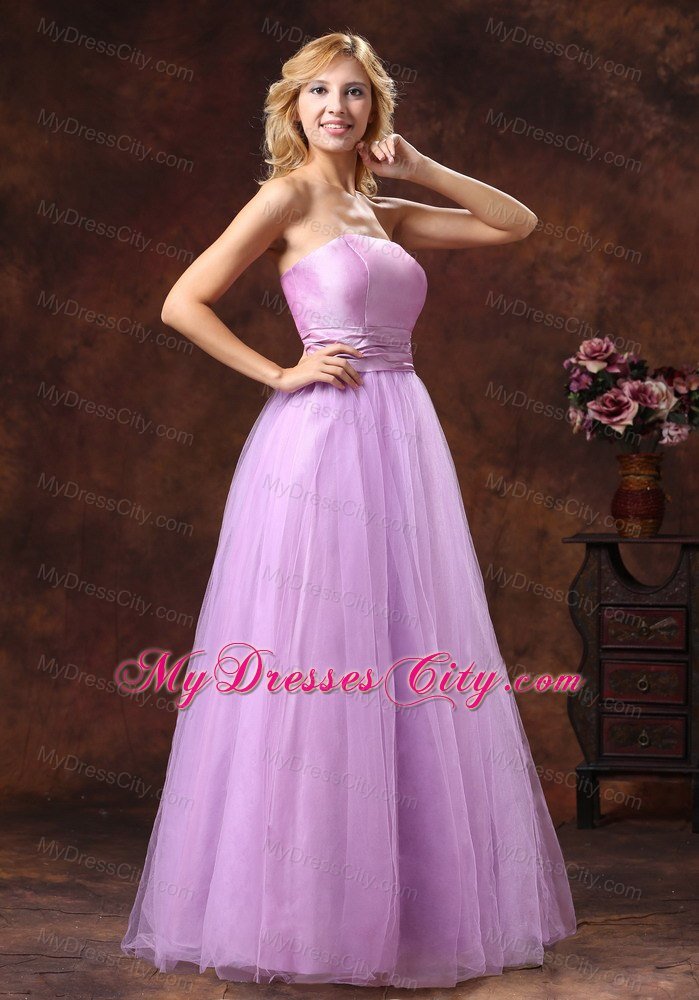 Tulle Sleeveless Puffy Long Bridesmaids Dresses with Ruched Sash