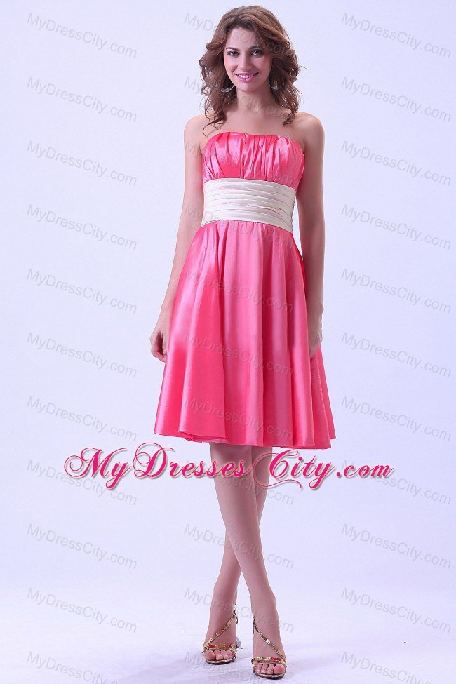 Knee-length Hot Pink Ruching Bridesmaid Dress with Champagne Belt