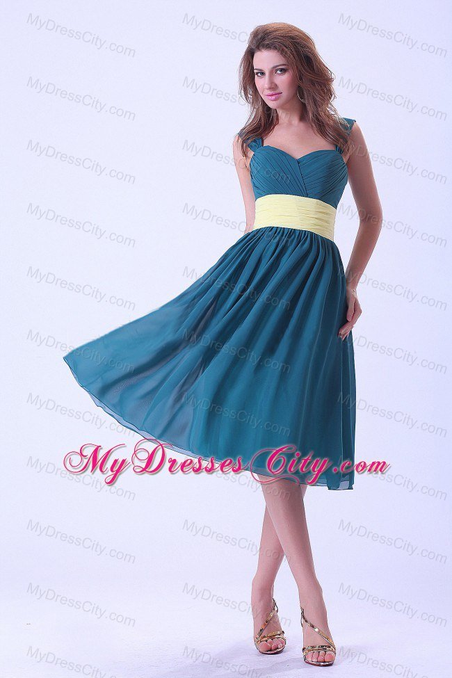 Kneelength Peacock Green Ruching Bridesmaid Dress with Champagne Belt