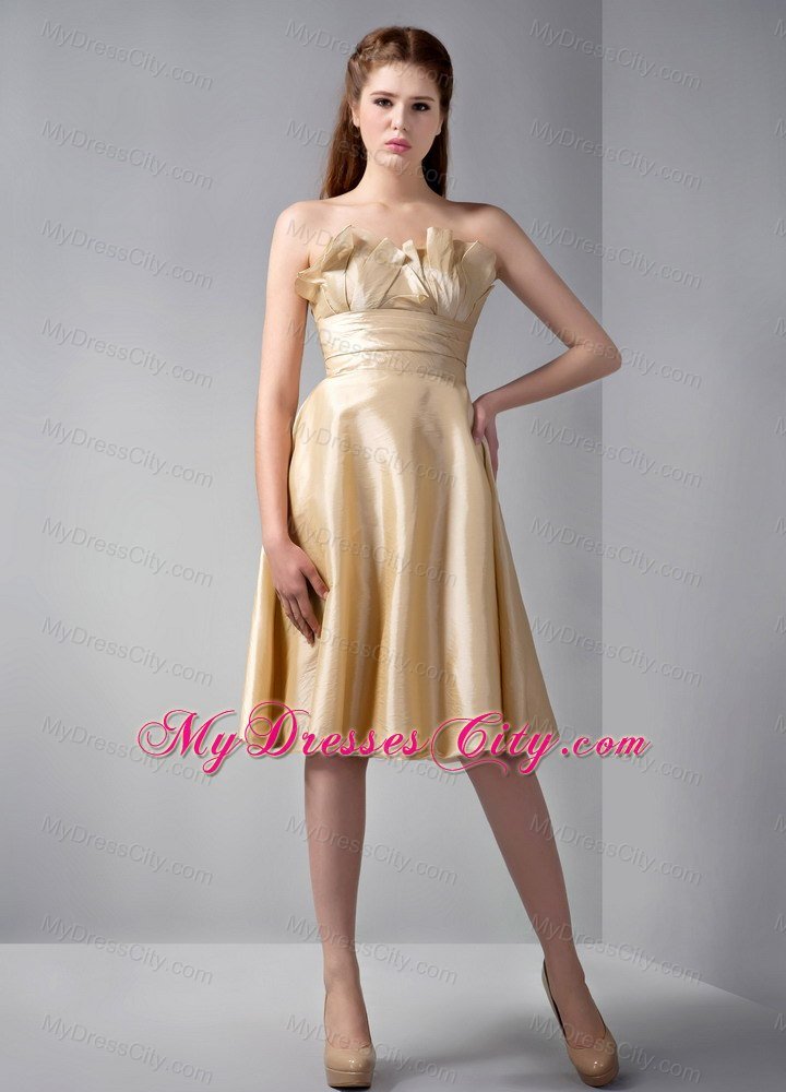 Gold Strapless Kneelength Satin Ruche Bridesmaid Dress With Floral Hem