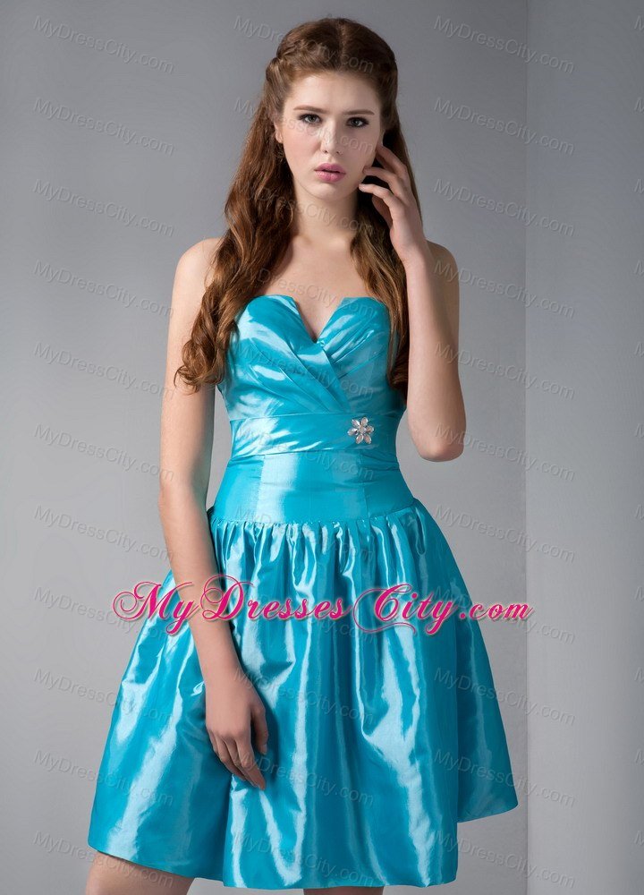 Mini Teal V-neck Junior Bridesmaid Dress with Ruches and Rhinestones