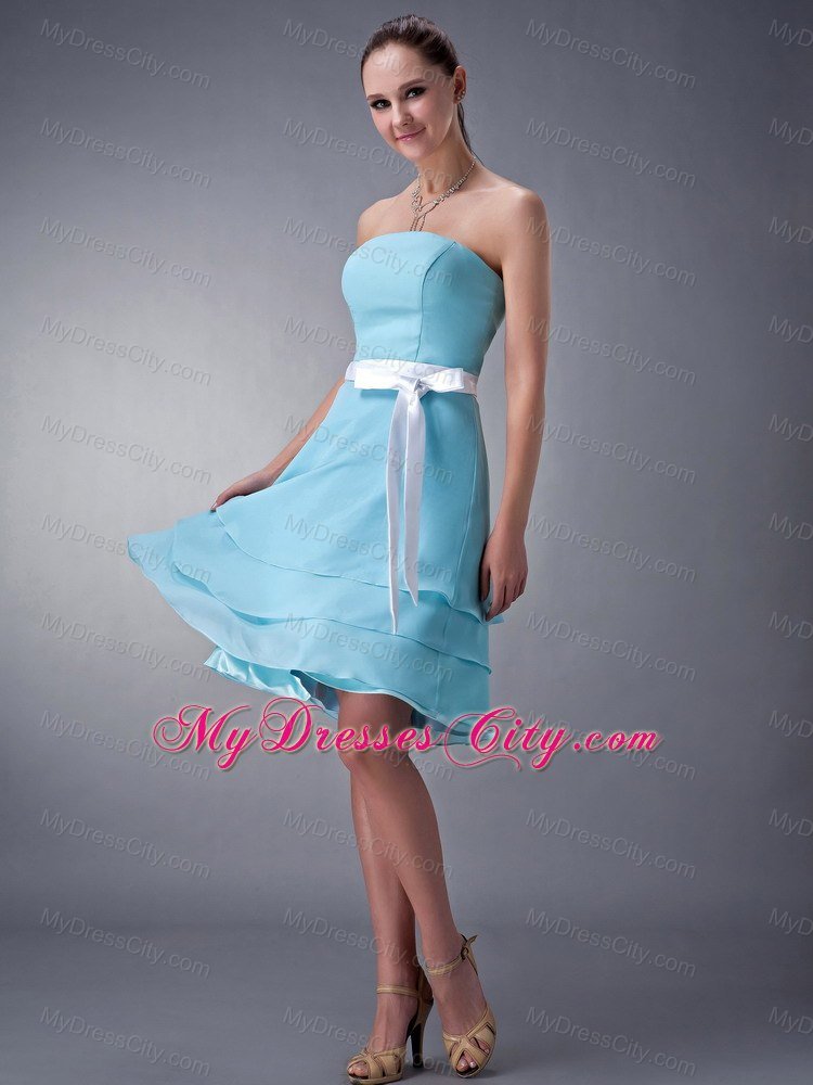 Short Aqua Blue Empire Strapless Bridesmaid Dress with layers and White Sash
