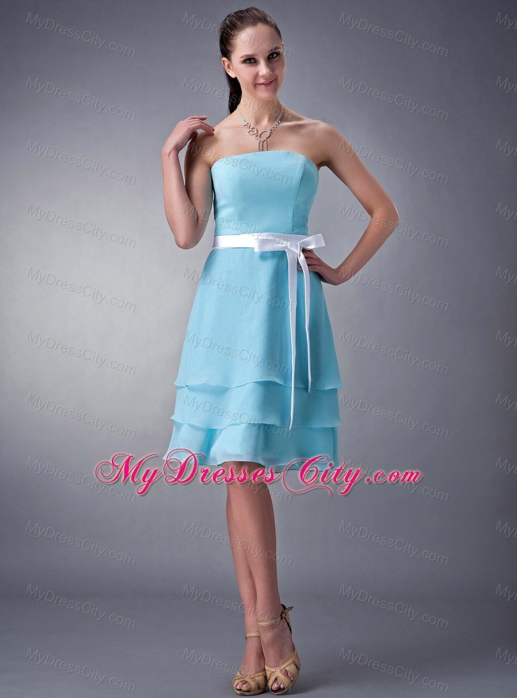 Short Aqua Blue Empire Strapless Bridesmaid Dress with layers and White Sash
