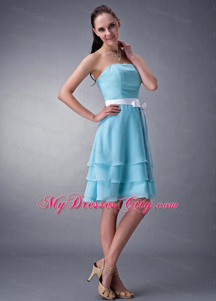 Short Aqua Blue Empire Strapless Bridesmaid Dress with layers and White Sash