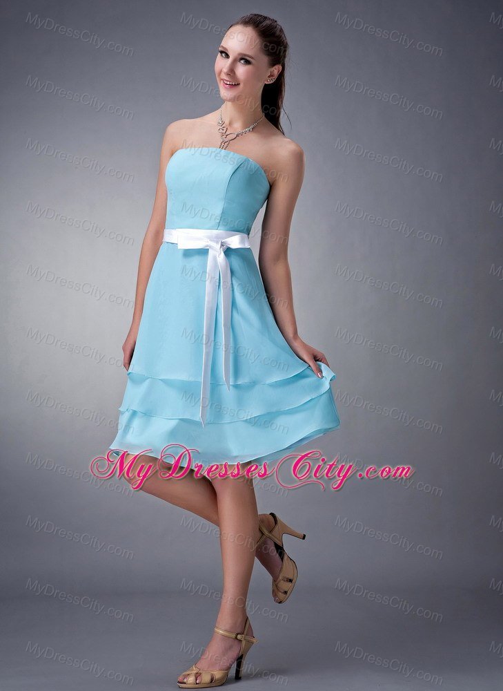 Short Aqua Blue Empire Strapless Bridesmaid Dress with layers and White Sash