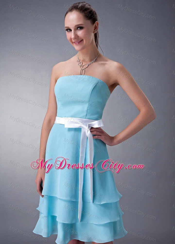 Short Aqua Blue Empire Strapless Bridesmaid Dress with layers and White Sash