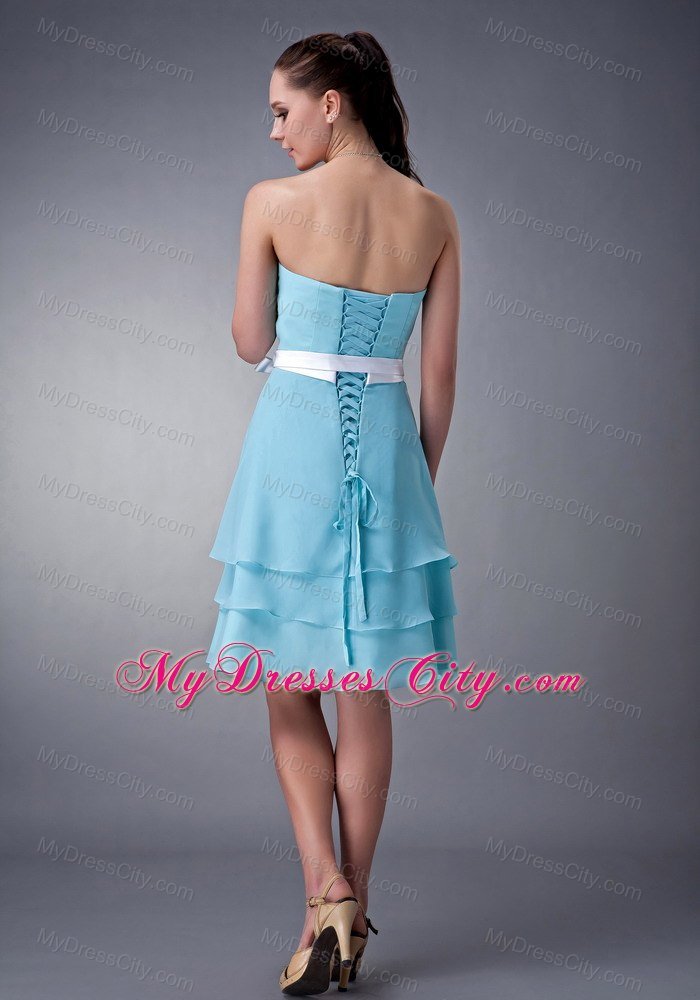 Short Aqua Blue Empire Strapless Bridesmaid Dress with layers and White Sash