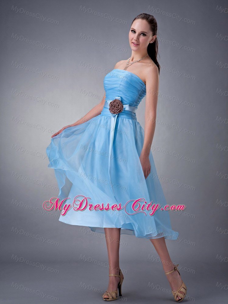 Strapless Baby Blue Tea-length Bridesmaid Dress with Chocolate Flower Belt