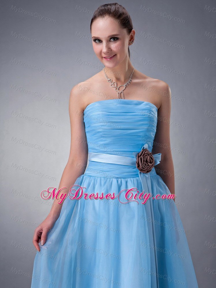 Strapless Baby Blue Tea-length Bridesmaid Dress with Chocolate Flower Belt