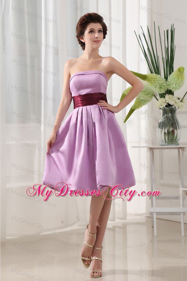 Knee-length Lavender Bridesmaid Dress with Burgundy Sash