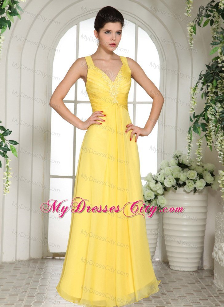 V-neck Ruches and Appliques Yellow Chiffon Bridesmaid Dress