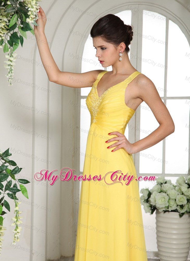 V-neck Ruches and Appliques Yellow Chiffon Bridesmaid Dress