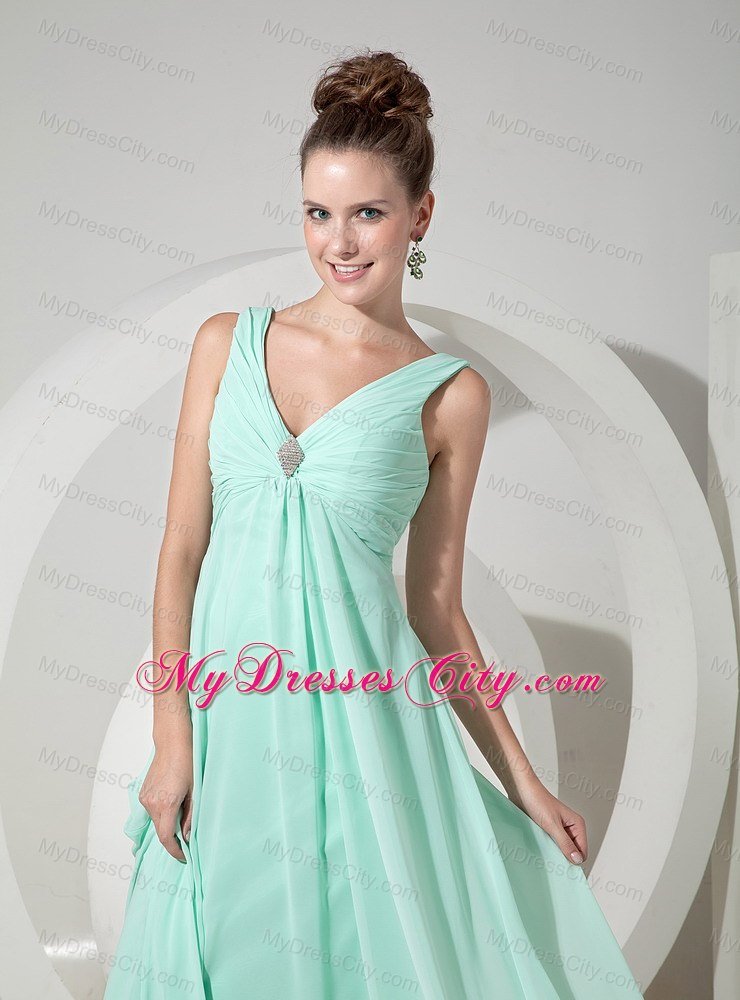 Ruched Apple Green V-neck Long Chiffon Bridesmaid Dress