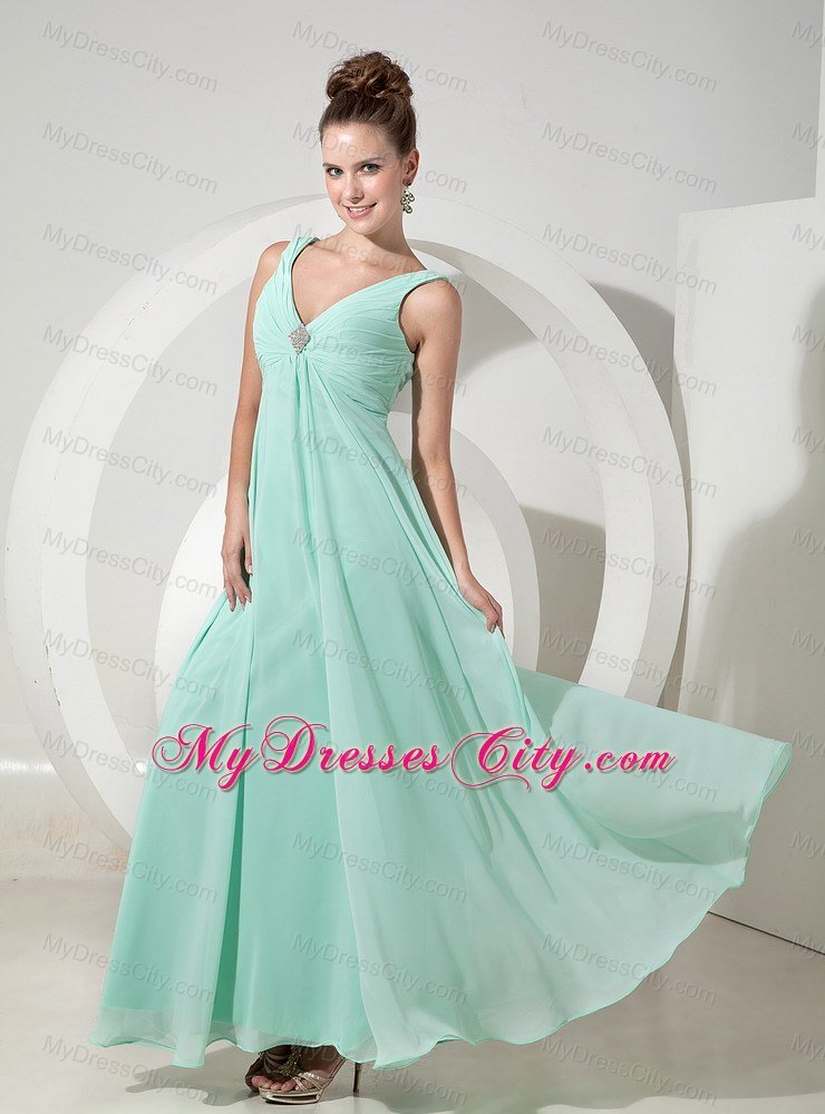 Ruched Apple Green V-neck Long Chiffon Bridesmaid Dress
