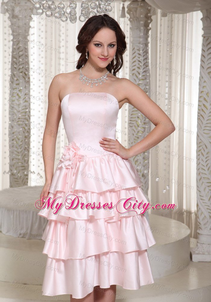 Tea-length Layered Ruffles Flowery Baby Pink Bridesmaid Dress