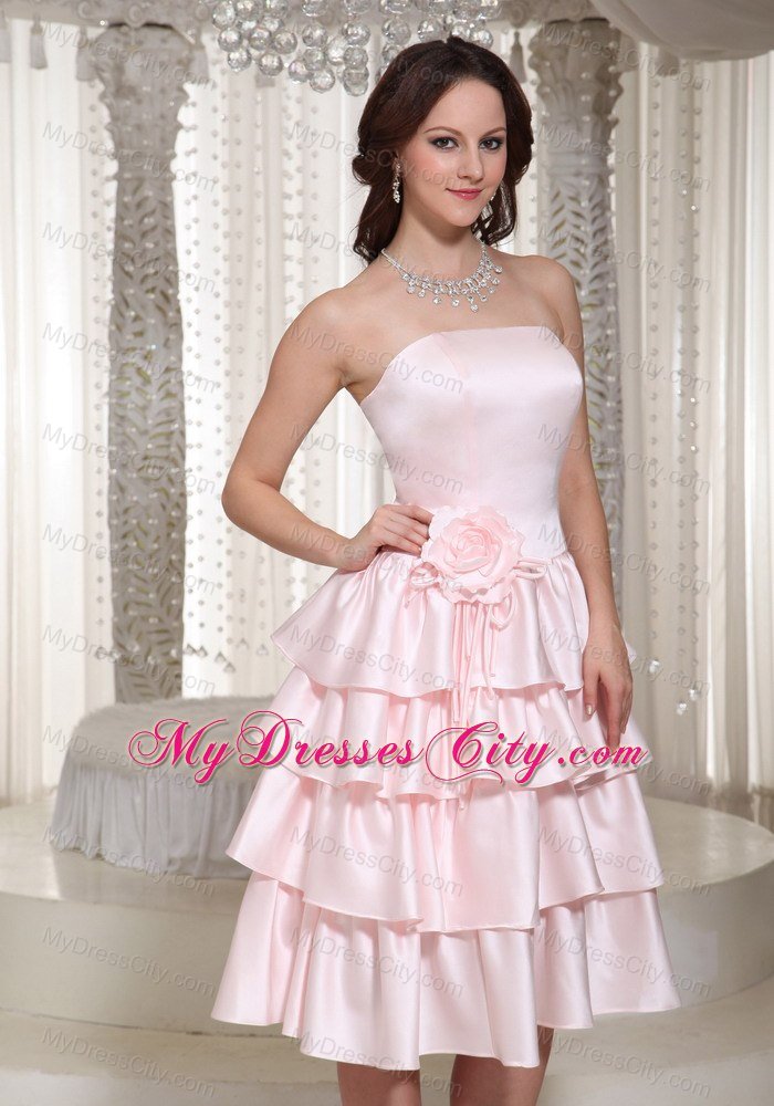 Tea-length Layered Ruffles Flowery Baby Pink Bridesmaid Dress