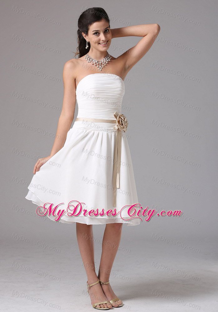 Kneelength Ruched White Bridesmaid Dress with Flower Sash