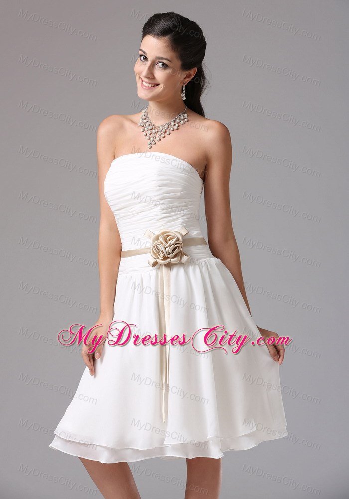Knee-length Ruched White Bridesmaid Dress with Flower Sash