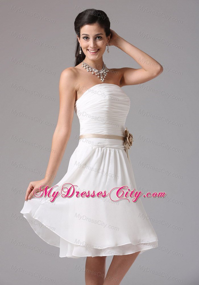 Knee-length Ruched White Bridesmaid Dress with Flower Sash