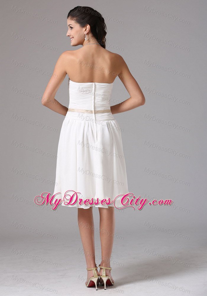 Knee-length Ruched White Bridesmaid Dress with Flower Sash